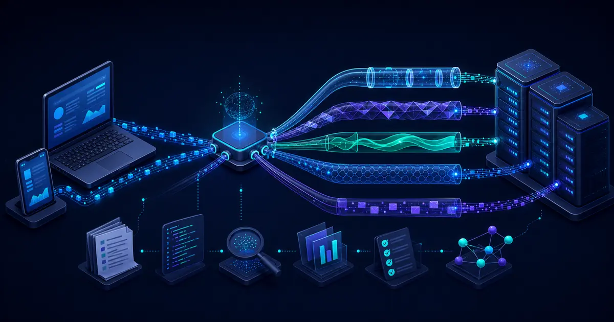 Laptop and phone sending data through several distinct VPN tunnel routes to a server cluster, with research and evidence symbols below