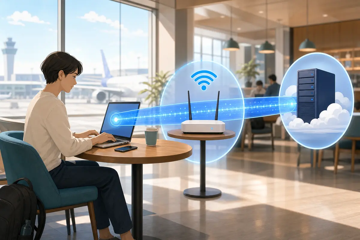 Traveler using a VPN connection from a laptop on airport Wi-Fi to a remote server