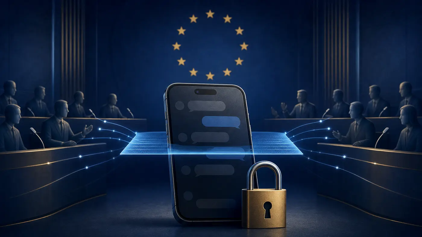 Editorial illustration of an EU policy chamber debating message scanning on a smartphone