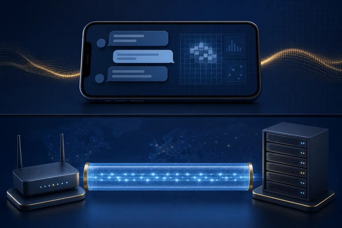 Concept illustration showing app-level message processing above a VPN-encrypted network tunnel