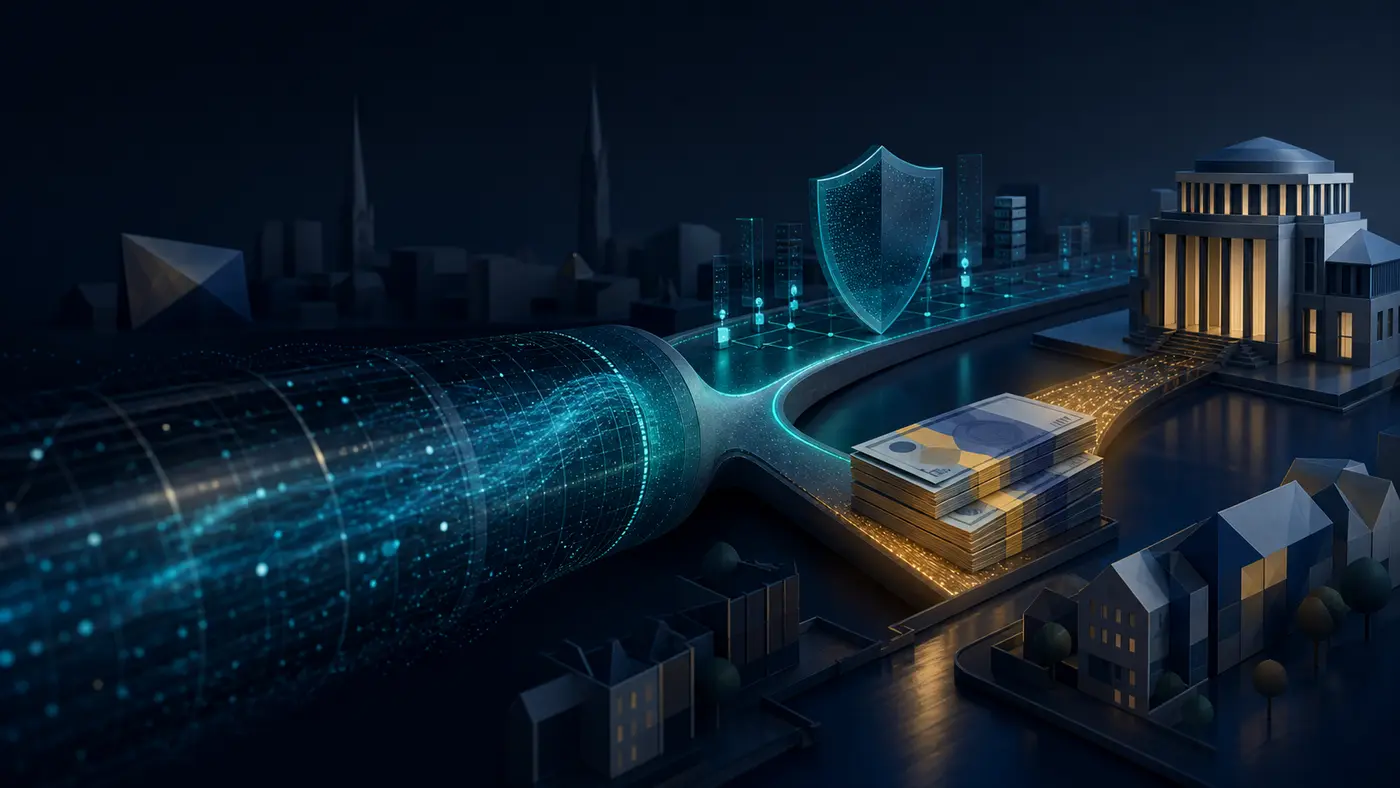 Editorial illustration of a secure VPN tunnel splitting between technical privacy and a private political donation