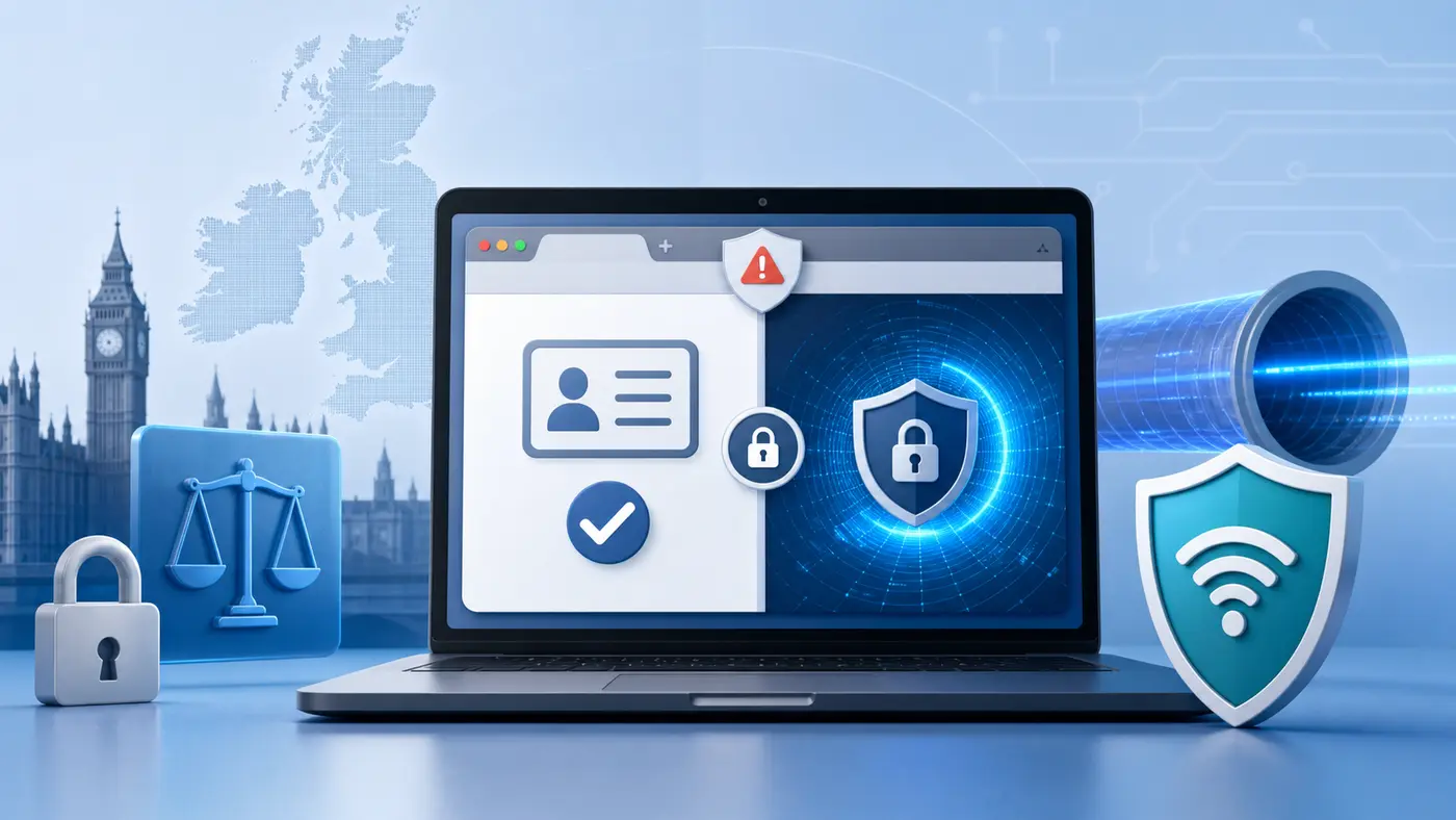 Illustration of UK online age checks, privacy locks and a VPN shield
