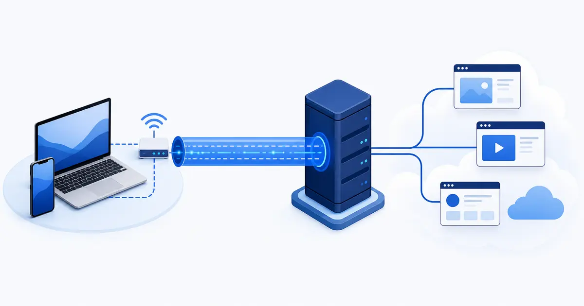 Devices sending traffic through an encrypted tunnel to a VPN server, which then connects to internet services